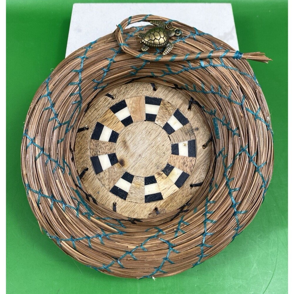 Vintage Coiled Pine Needle Basket Hand Woven Turtle Charm Medallion Boho Art